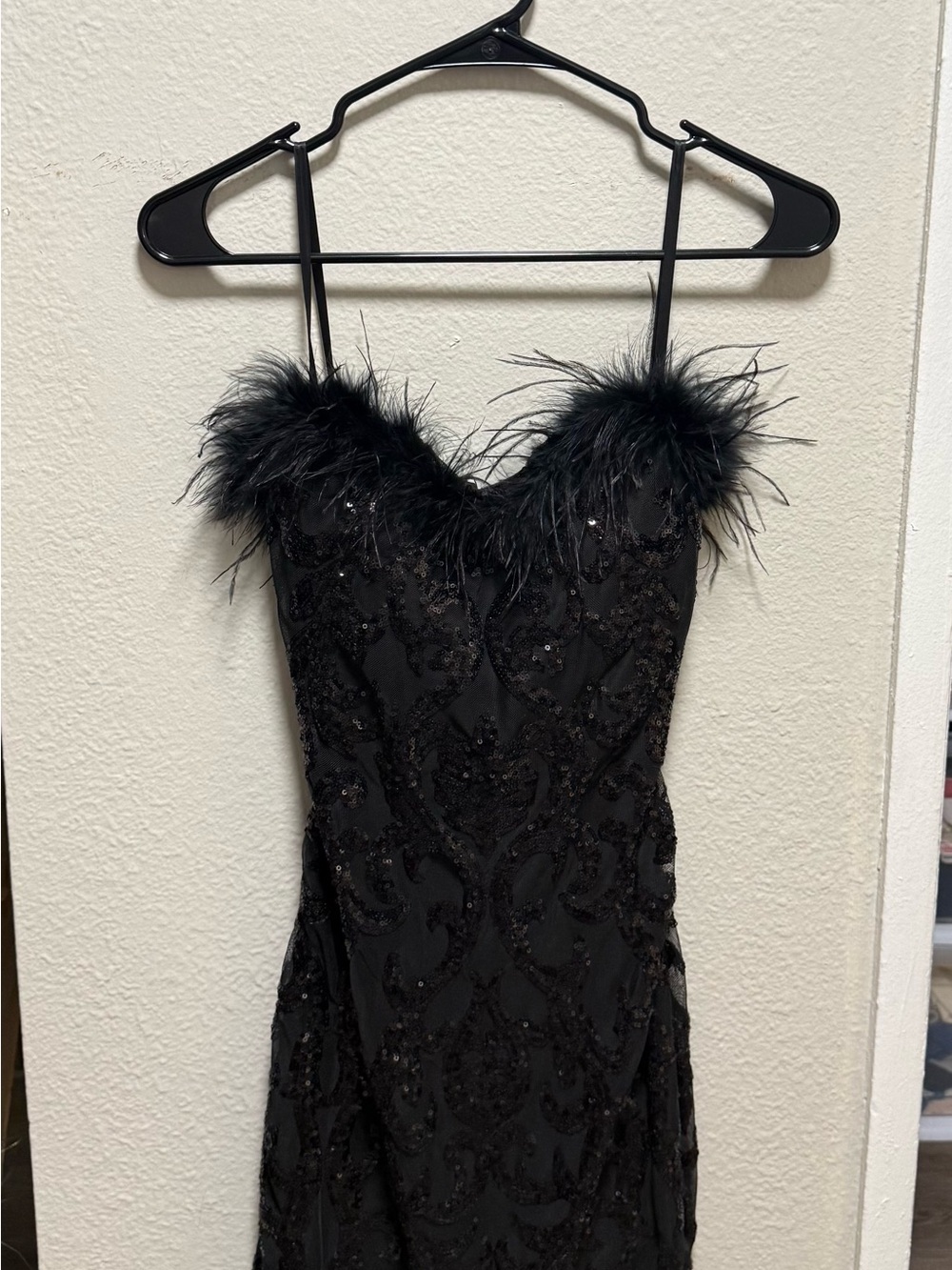 Windsor Black Strapless Sequin Dress with Feather Trim